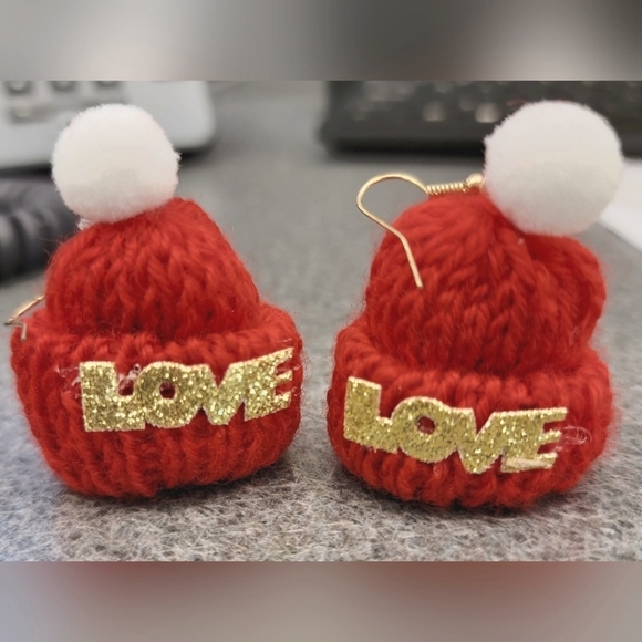 COPY - Adorable Red Knit "Love" Hat Dangle Earrings - Picture 1 of 1